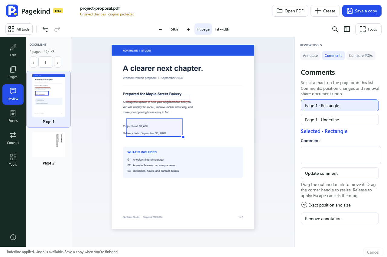 Earlier Pagekind annotation editor with a selected rectangle, resize handle and exact position controls, rendered offscreen with a synthetic proposal.