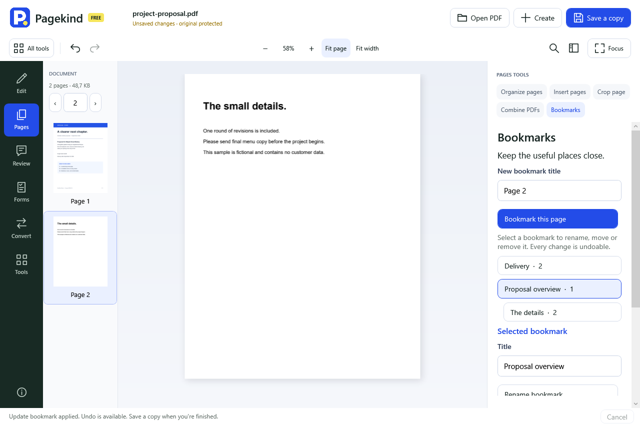Actual Pagekind bookmark manager rendered offscreen with nested bookmarks, title editing, destination and ordering controls.