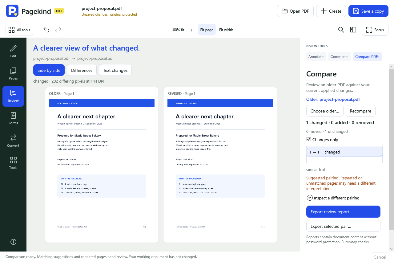 Actual Pagekind comparison workspace rendered offscreen, showing older and revised proposal pages side by side, a page-pair list and report controls.