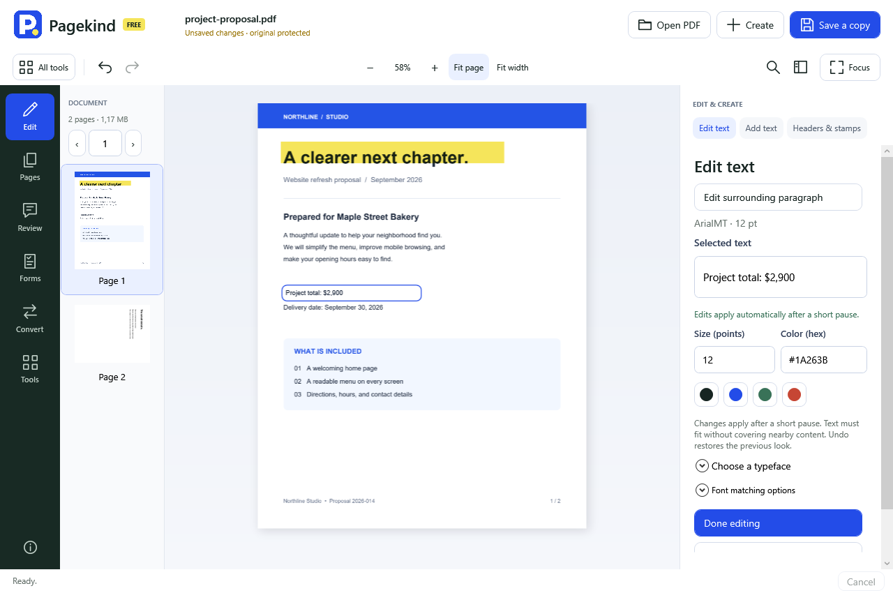 On-page text editing in an earlier Pagekind desktop preview with a sample document