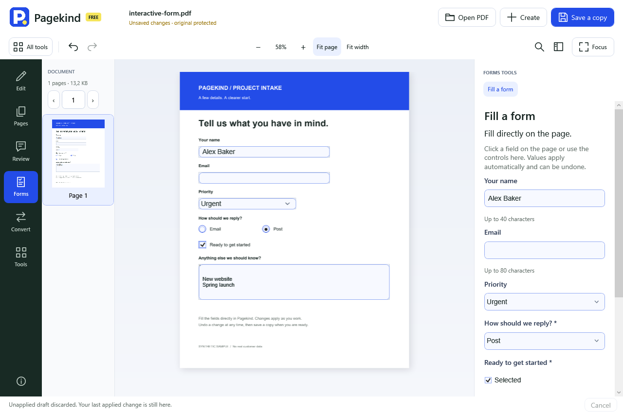 Filling a form in an earlier Pagekind desktop preview with a sample document