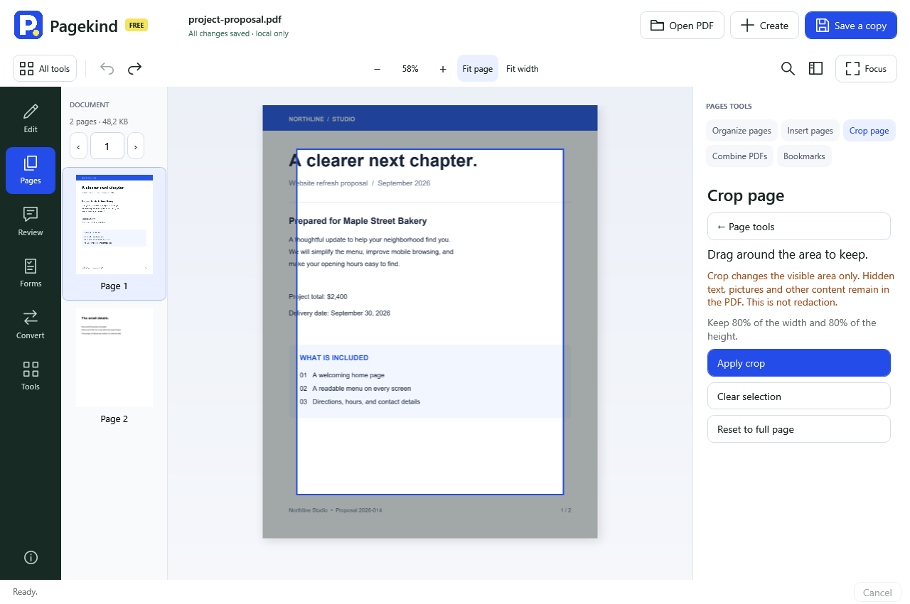 Working with pages in an earlier Pagekind desktop preview with a sample document