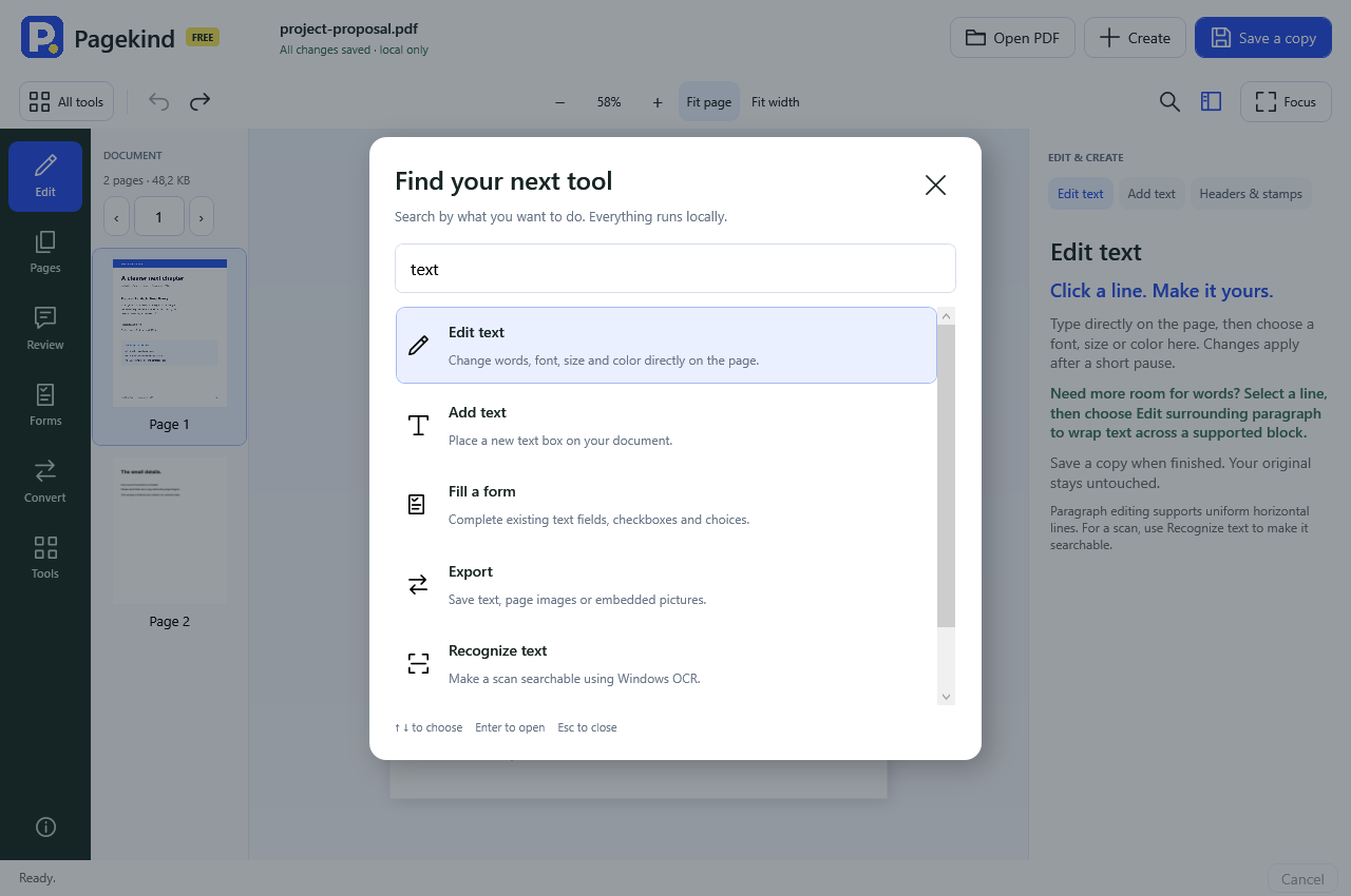 Actual Pagekind tool picker with plain-language search and matching PDF tools.