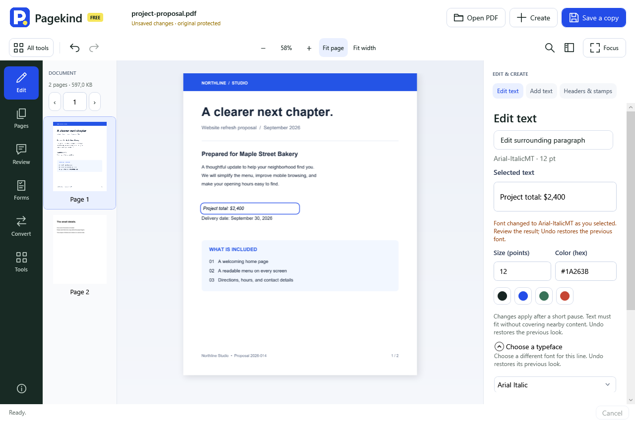 Actual Pagekind editor rendered offscreen with an installed Arial Italic typeface selected for an existing line.