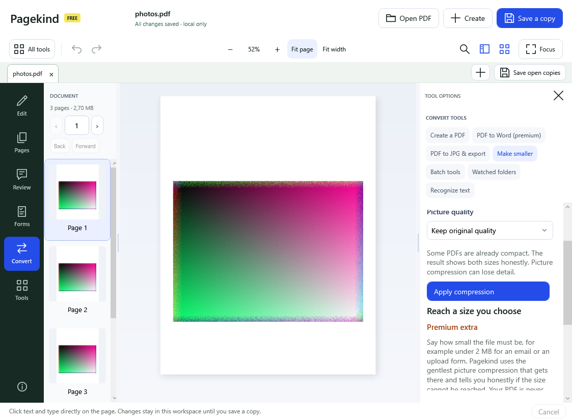 Pagekind's Make smaller tool: the free Apply compression button, then a Reach a size you choose section labelled Premium extra, with a short explanation of how it works.