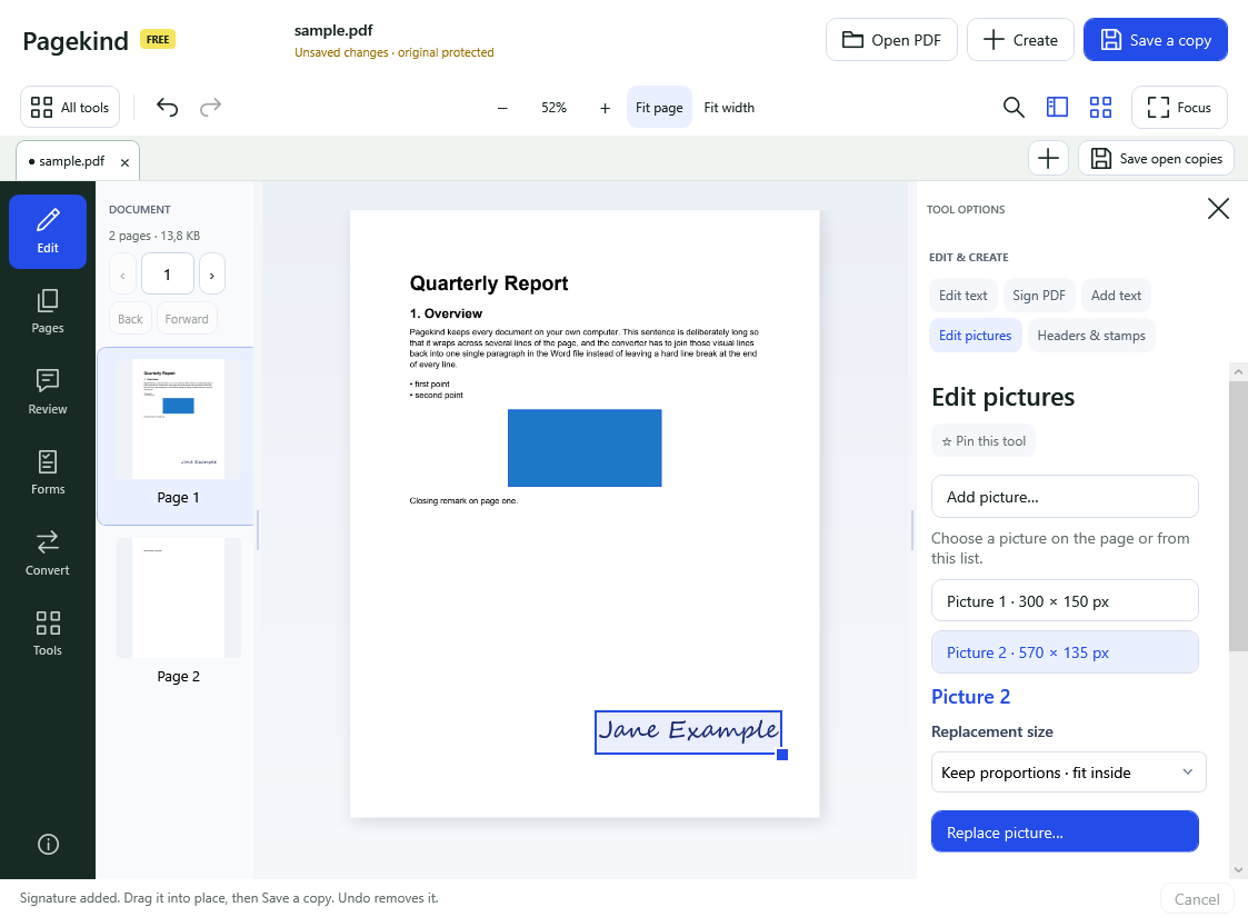 Pagekind with a typed signature placed at the bottom right of a PDF page, selected with a resize handle.